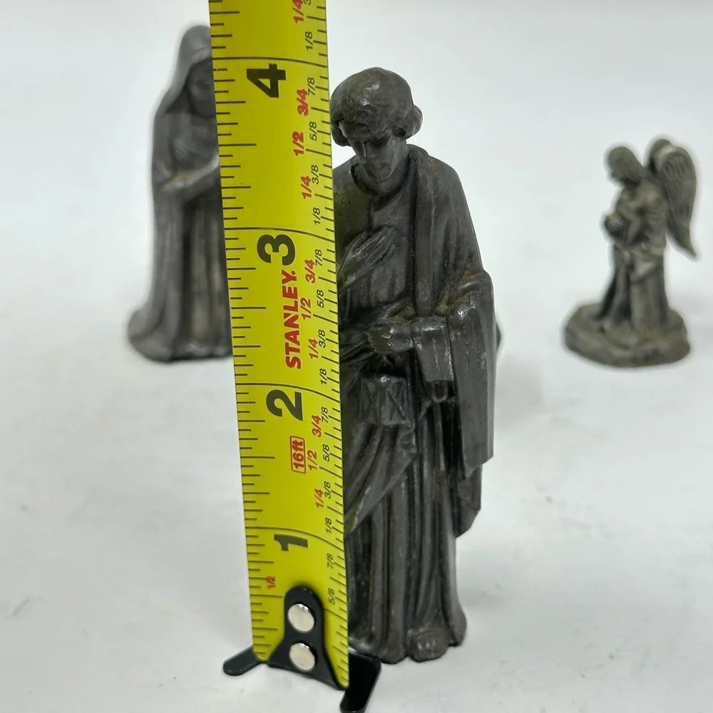 Vintage Pewter Tone Metal Nativity Set 4 Piece Holy Family Angel Figurines